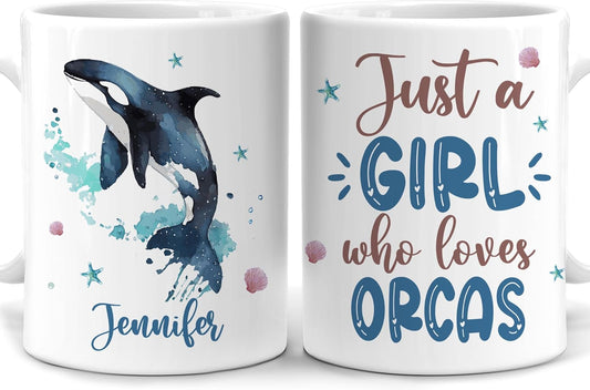 Hyturtle Personalized Gifts Orca Lover - Just A Girl Who Loves Orcas Custom Name Ceramic Coffee Mug Cup 11oz - Idea Cute Sea Animal Lover Gifts For Women, Girl Daughter On Birthday, Christmas