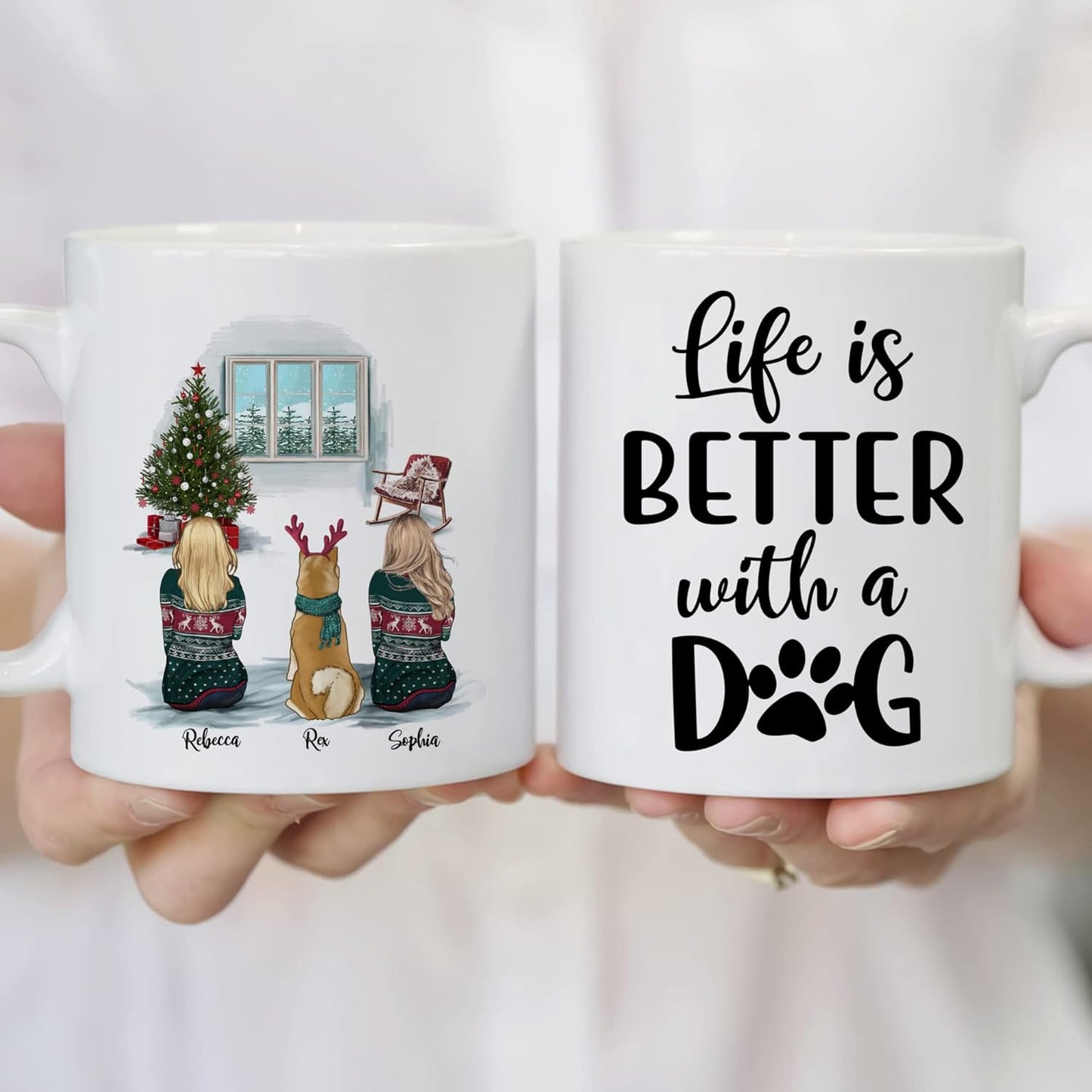 Gossby Personalized Dog Mug - Life is Better with a Dog (2 Girls - Dog) - Customized Christmas Coffee Mug for Dog Moms - Purfect Gifts for Women on Christmas - 11oz, 15oz White, Two-tone Dog Mom Mug