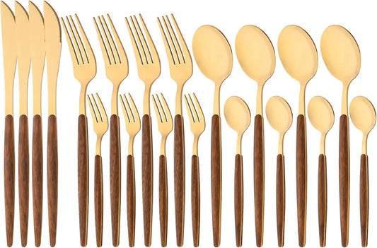 20 Piece (4 Set) Wood Handle Silverware Set, Retro 18/0 Stainless Steel Cutlery Set, Kitchen Utensils Include Knife Fork Spoon, Mirror Polish, Gold