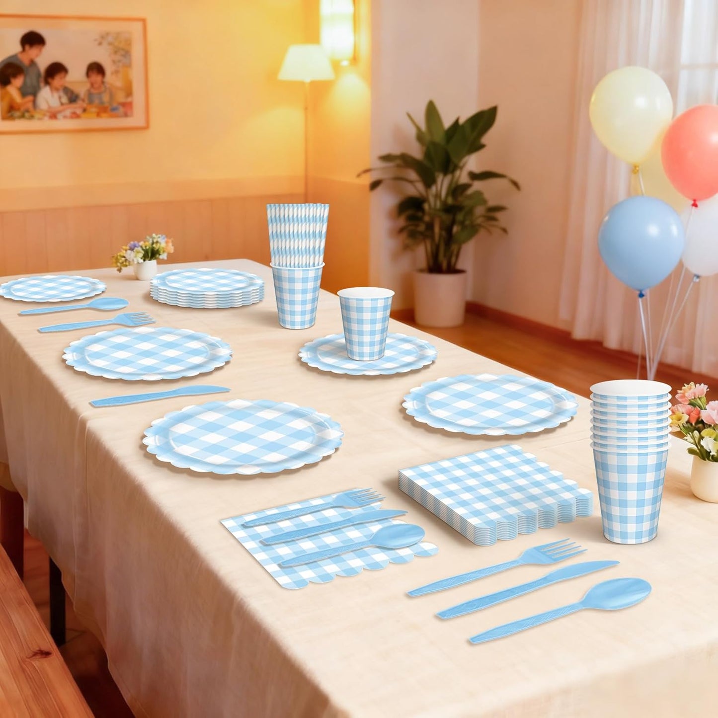 192 PCS Gingham Party Supplies Serve 24 Guests Gingham Plates and Napkins and Cups for Birthday Decorations Baby Shower Checkered Party Supplies Dinnerware Sets for Girl Boy Light Blue