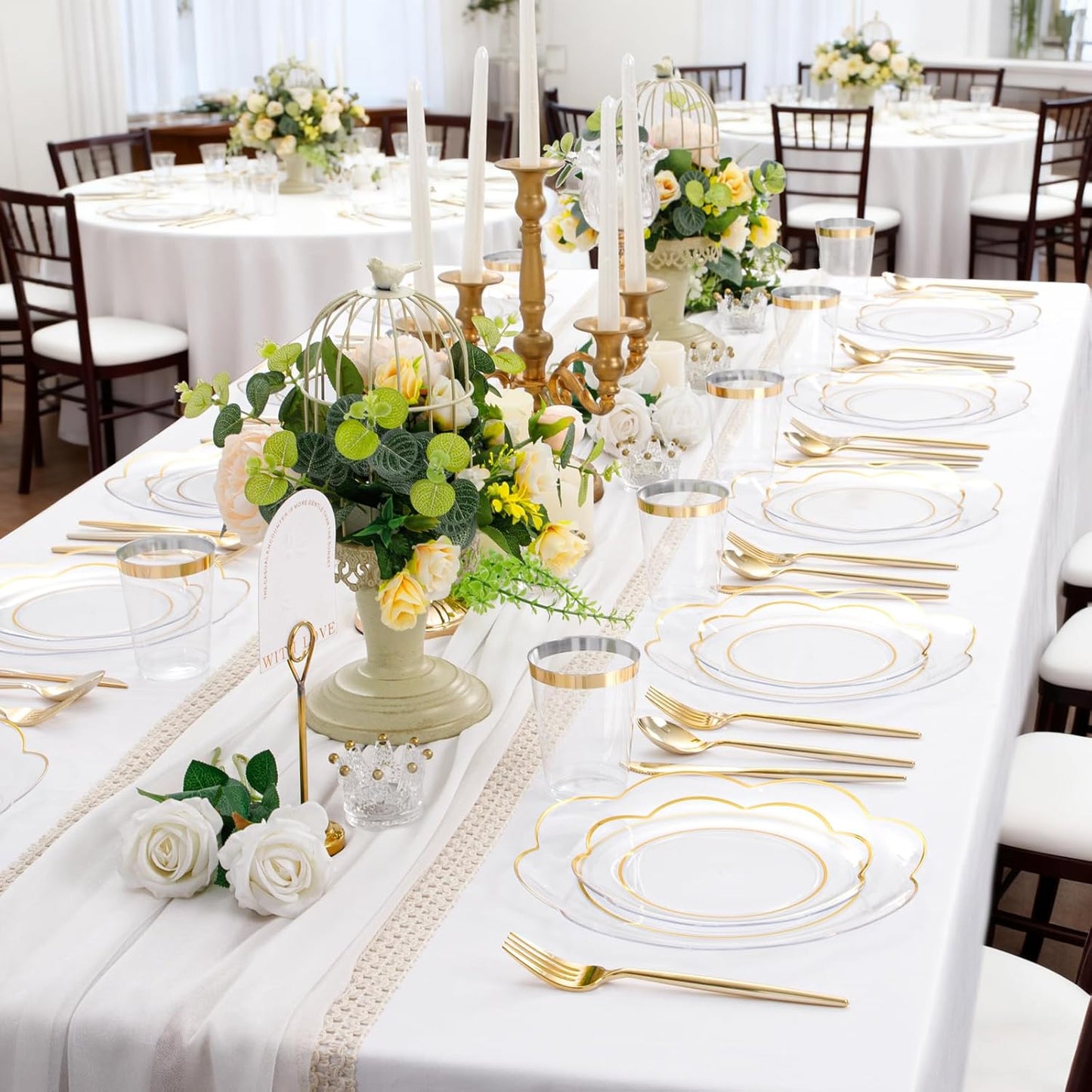 EI 180pcs Clear Plastic Plates with Gold Plastic Silverware, Plate for Party,Clear Dinnerware Set,Heavy Duty Plate for Wedding,Biethday