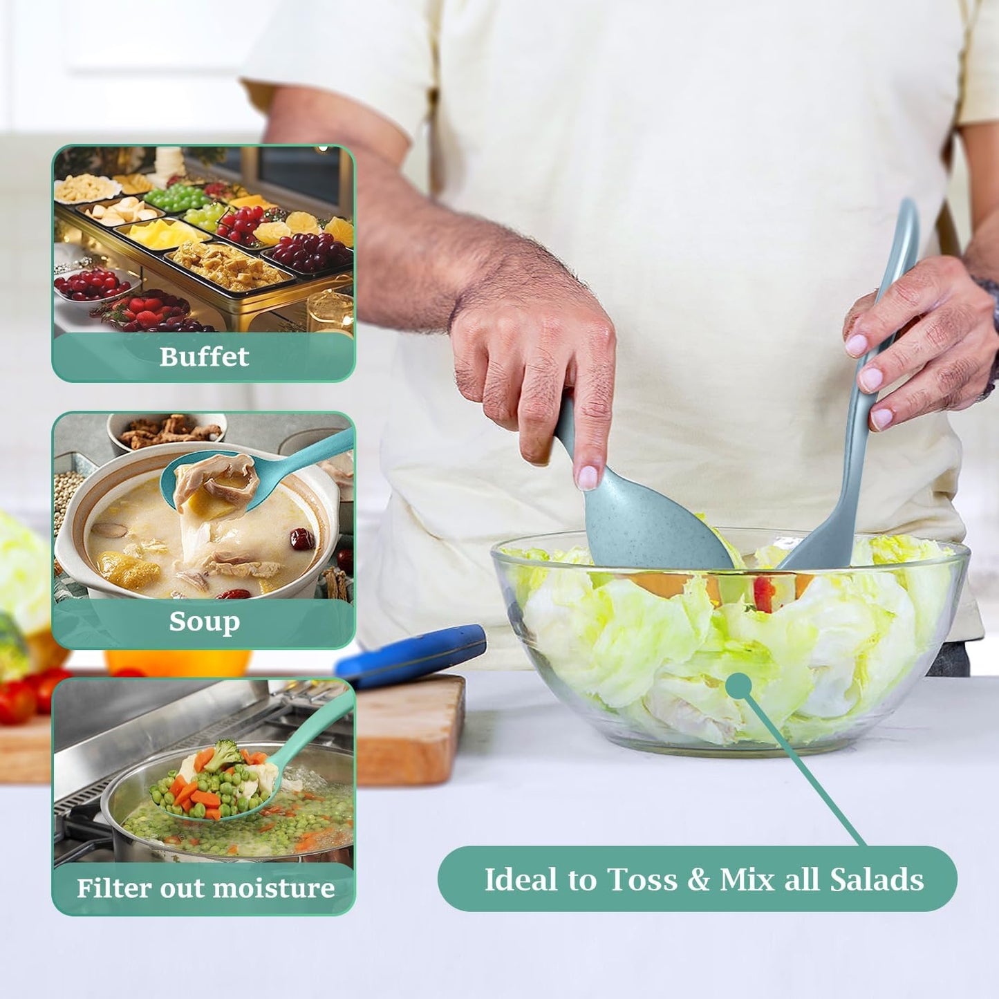 8 Pack 10" Large Reusable Plastic Wheat Straw Serving Spoon Set, 4 Serving Spoons & 4 Slotted Spoons, Kitchen Mixing Serving Spoon for Buffet Chafing Dish Catering (Ocean, Not for Cooking)