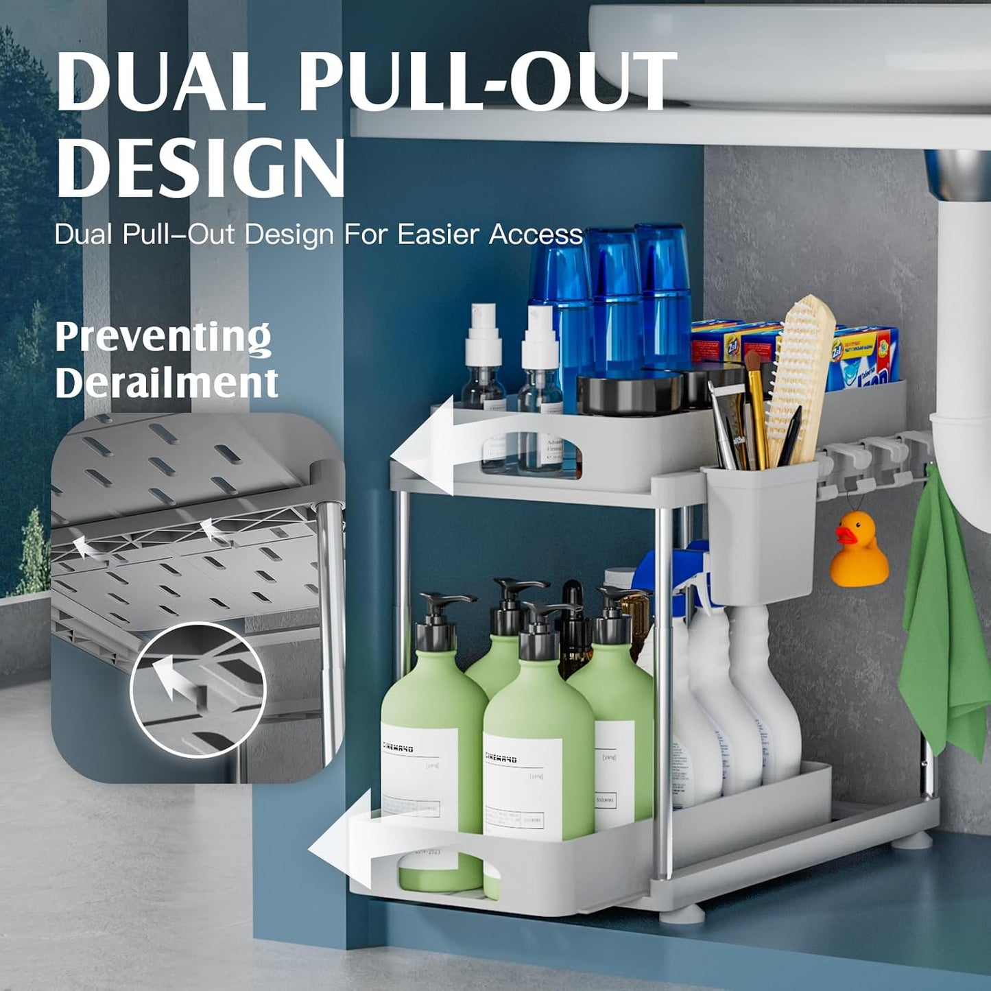 2 Pack Adjustable Gray Under Sink Organizers, 2 Tier Pull Out Storage, Kitchen Bathroom Office Laundry Room Living Room