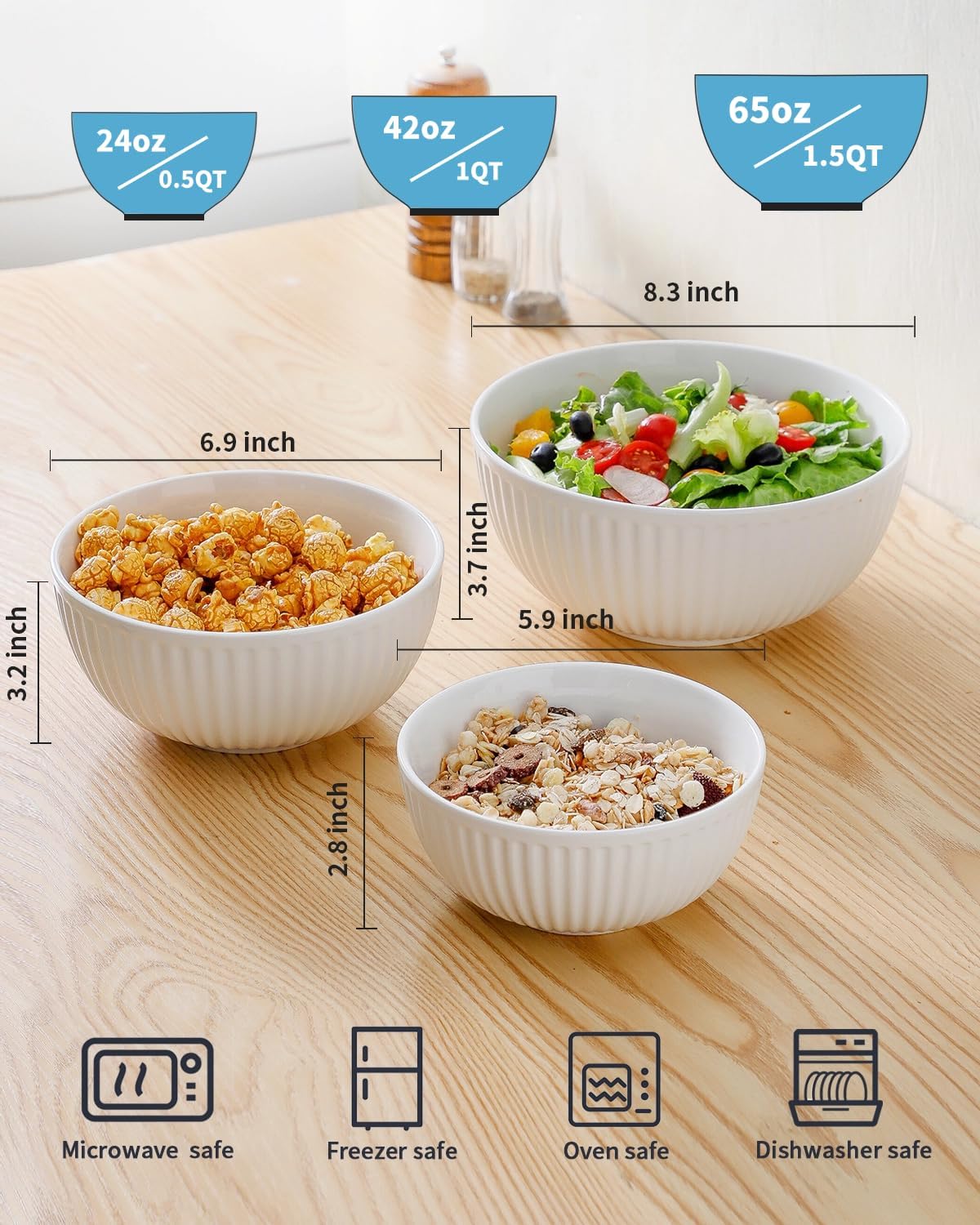 Hasense Ceramic Ribbed Nesting White Bowls 1.5/1/0.5 Qt For Kitchen, Cooking, Baking and Serving Salad Bowls for Pasta, Small Mixing Bowls of 3, Modern Space Saving Dishes for Kitchen