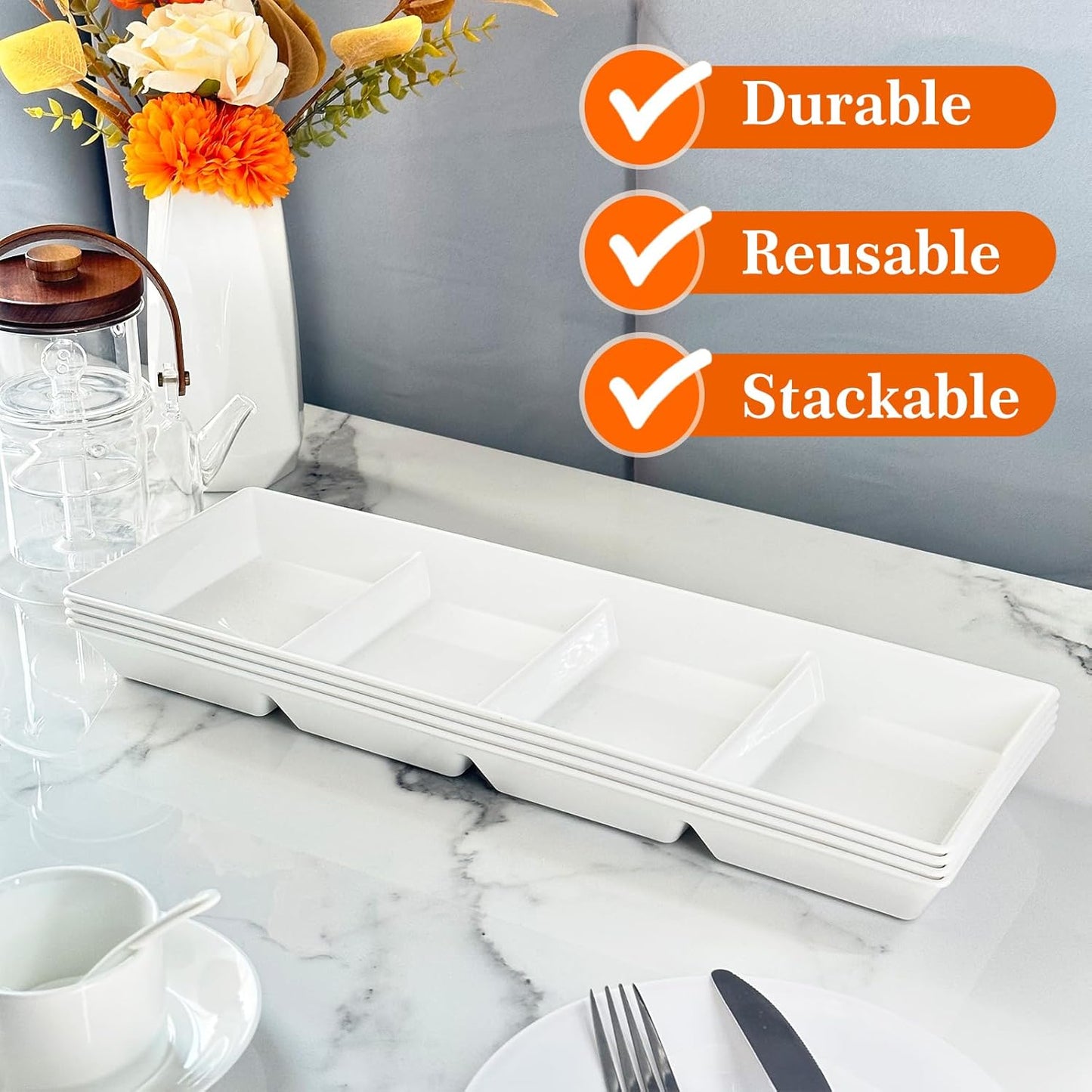 Divided Serving Tray Platter, 2 Pack 17.6" x 6" Fruit Veggie Food Tray for Party, Plastic Serving Trays for Appetizer, Snack, Dessert, Cookie, Brunch Decorations Platters, White Trays BPA-Free