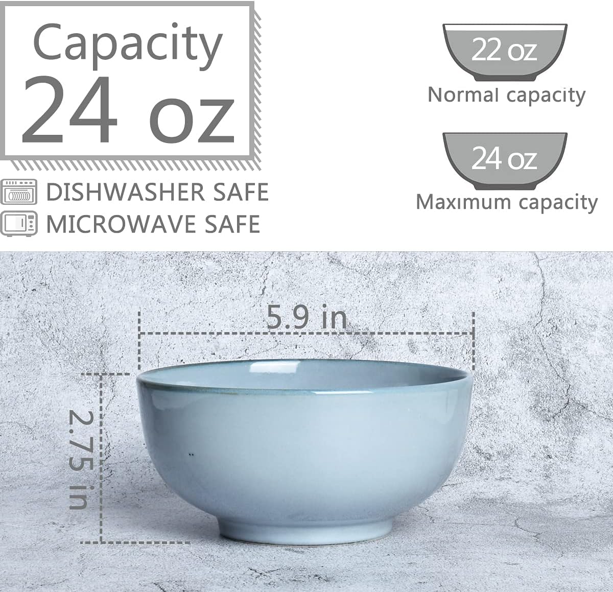 Bosmarlin Ceramic Bowl Set of 4, Dishwasher and Microwave Safe (5.75 Inches, Grey)