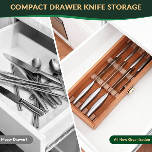 Kitchen Drawer Knife Organizer, Kid Safe Combination Lock Knife Drawer Organizer, Double Layer Bamboo Board, Includes Bamboo Tongs and Cleaning Cloth (Knives Not Included)