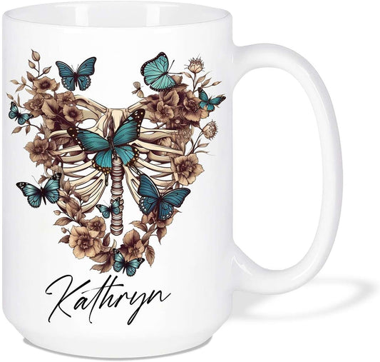 Customized Colorful Butterflies And Human Skeleton Travel Mugs, Personalized Name On Great Butterfly Cup Gifts For Child, Custom Heartwarming Animal Tea Cup For Animal Lovers