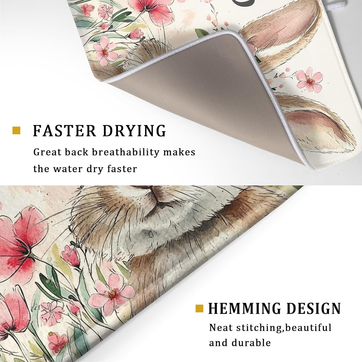 Happy Easter Dish Drying Mat 18x24 Inch,Cute Bunny Pink Flowers Festival Holiday Absorbent Microfiber Dishes Drainer Rack Pad for Kitchen Counter Sink Coffee Maker Bar Table Decor