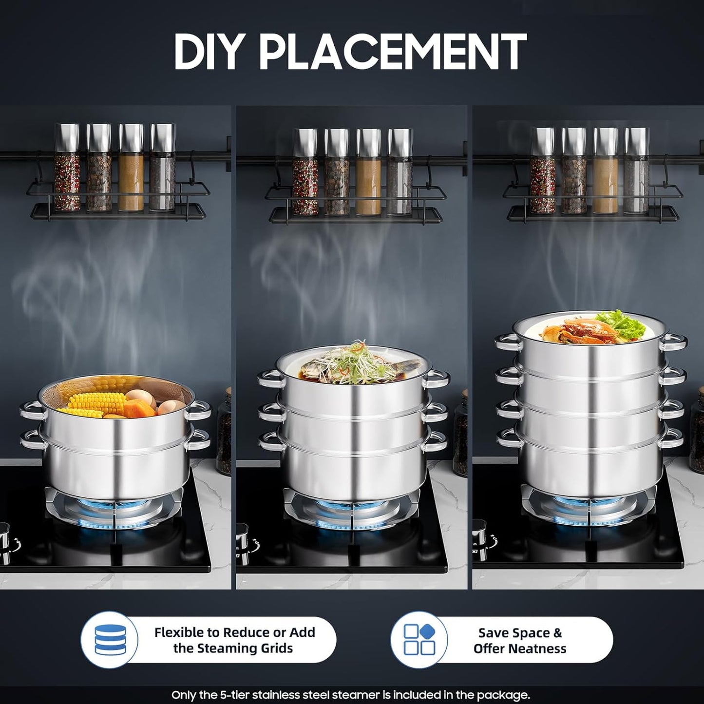 Steamer Pot Food-Grade Polished Stainless Steel Dumpling Steamer Cooker Multi-functional 5-layer Fast Heating 26cm/28cm/30cm (28cm)