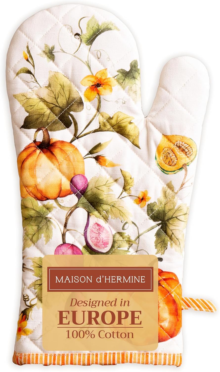 Maison d' Hermine Oven Gloves 100% Cotton Oven Mitt 7" x 13" with Loop Heat Resistant Cooking Gloves for Thanksgiving Christmas Decorations Handling Hot Pans (Pack of 1, Pumpkin Garden - Cloudy Cream)
