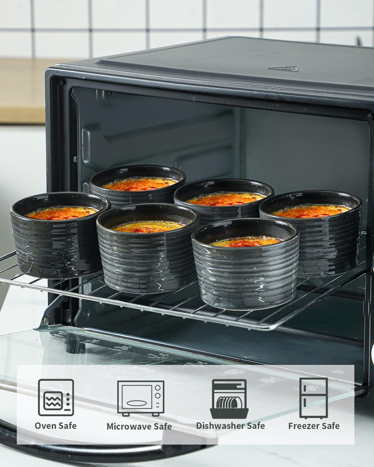 Hasense Ramekins 8 oz Oven Safe for Creme Brulee, Ceramic Souffle Dish Oven Safe Set of 6,Porcelain Dipping Sauce Bowls for Pudding, Creme Brulee, Souffle, Serving Dip, Custard, Ice Cream, Grey