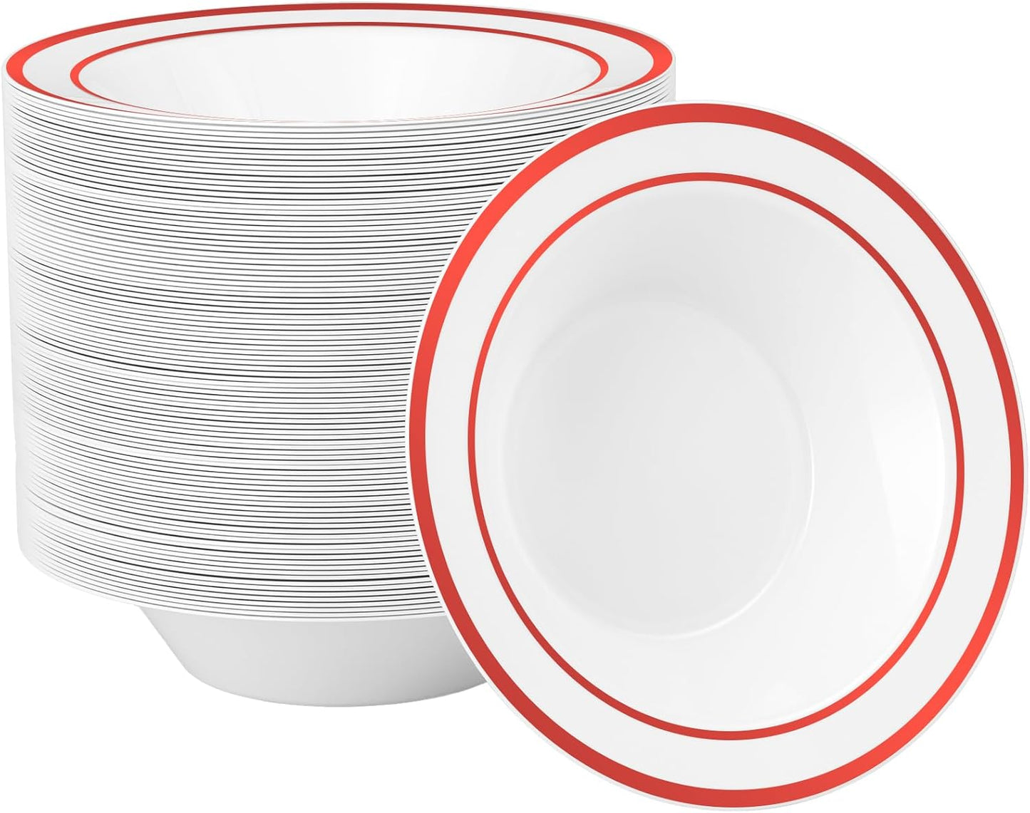 Goodluck 100 Pack Plastic Bowls with Red Rim, 12oz Disposable Soup Bowls, Heavy Duty Dessert Bowls for Weddings, Parties, Christmas Dinners, Catering, Thanksgiving and Everyday Use