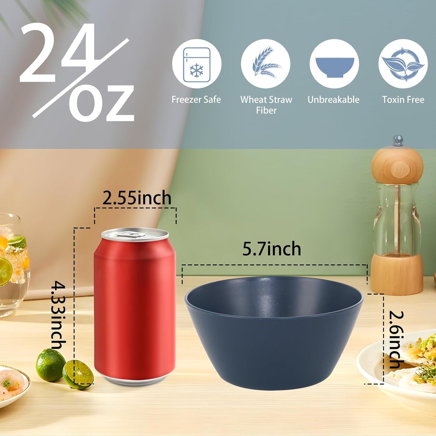 Supernal 12PCS Blue Wheat Straw Bowls - Durable Reusable Soup & Cereal Bowls, Hard Plastic Dinnerware with Smooth Edges,Disposable Plastic Bowls for Catering,Hot Food,Salad (Lightweight & Unbreakable)