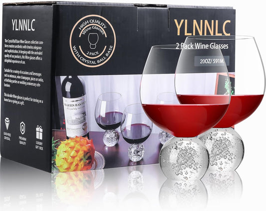 Crystal Wine Glasses Set of 2, 20oz Premium Lead-free Juice Glass with Crystal Ball Base, Red Wine Glasses Set of 2, for Daily Use, Party, Home Bar, Wedding, Shower, Birthday, Christmas Gift