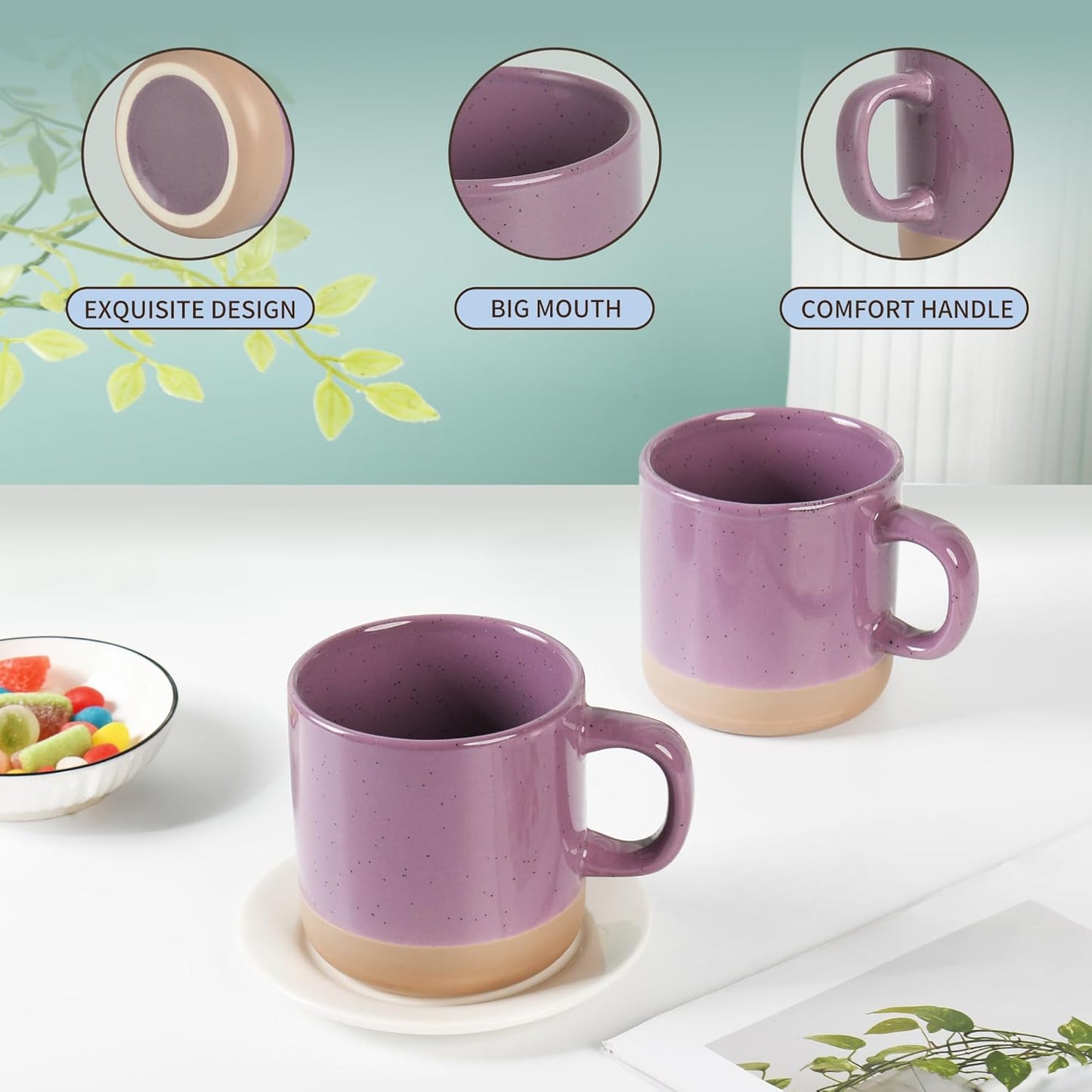 12 oz Coffee Mug Set for 6, Tea Cups with Handle for Coffee, Tea, Cocoa, Milk (Purple)