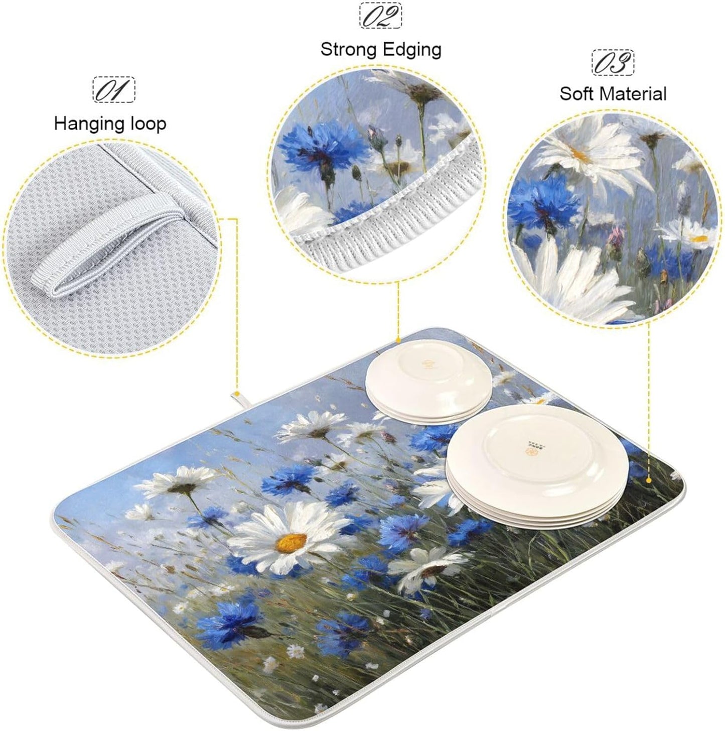 White Daisies and Cornflowers Dish Drying Mat for Kitchen Counter Super Absorbent Dishes Pad Reversible Microfiber Protector Dish Draining Mats 16x18 inch