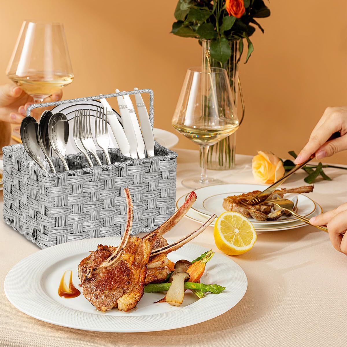 Wicker Flatware Organizer, Plastic Wicker Cutlery Holder, Outdoor Silverware Caddy, Woven Divided Utensil Caddy with Handle, Utensil Holder for Table, Kitchen, Party (Gray)