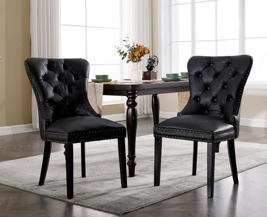 Black Leather Dining Chairs Set of 2 Mid Century Modern Tufted Chairs Armless Rubber Wood PU Vintage Furniture Chairs Upholstered Nailhead Side Chair with Pull Ring for Kitchen/Cafe