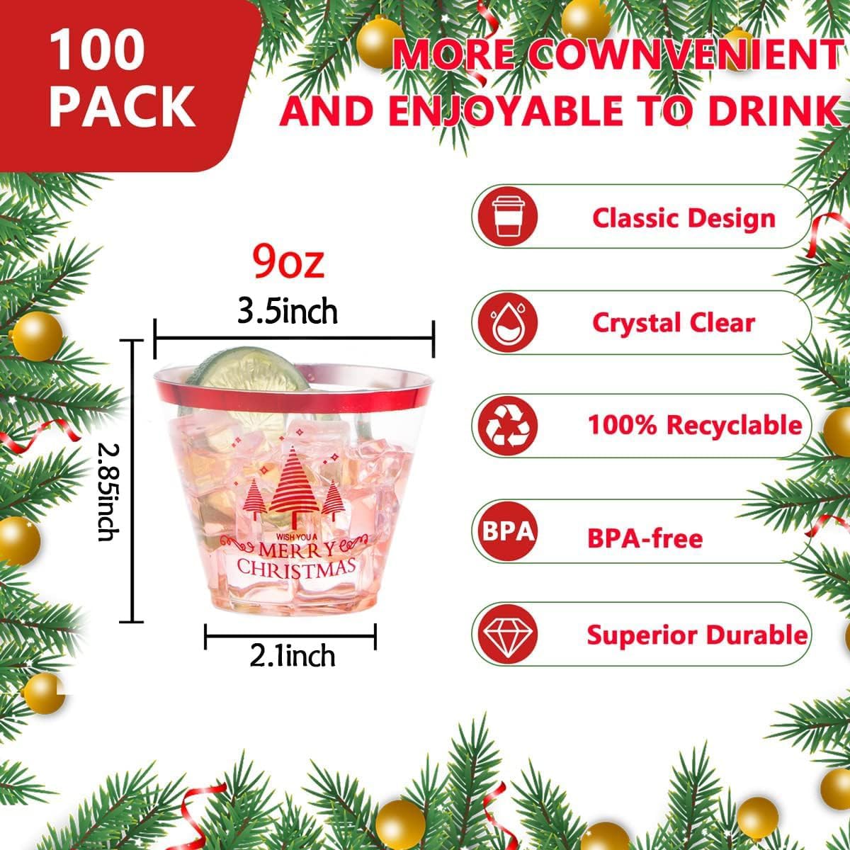 I00000 100PCS Christmas Red Plastic Cups Christmas Disposable Cups 9 Oz Plastic Holiday Cups Wine Glasses Red Rim Clear Cocktail Tumblers Drinking Glasses for Parties