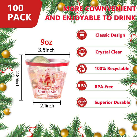 I00000 100PCS Christmas Red Plastic Cups Christmas Disposable Cups 9 Oz Plastic Holiday Cups Wine Glasses Red Rim Clear Cocktail Tumblers Drinking Glasses for Parties