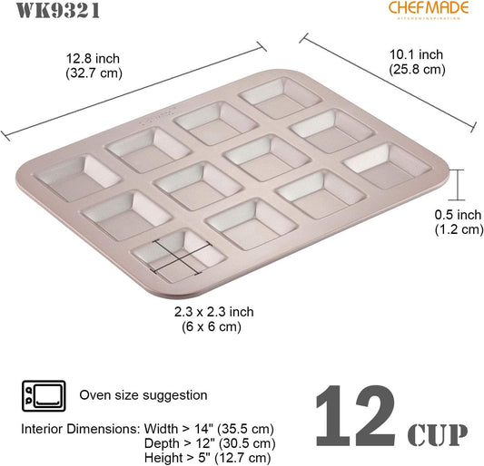 CHEFMADE Financier Cake Pan, 12-Cavity Non-Stick Square Muffin Pan Biscuits Cookies Bakeware for Oven Baking (Champagne Gold