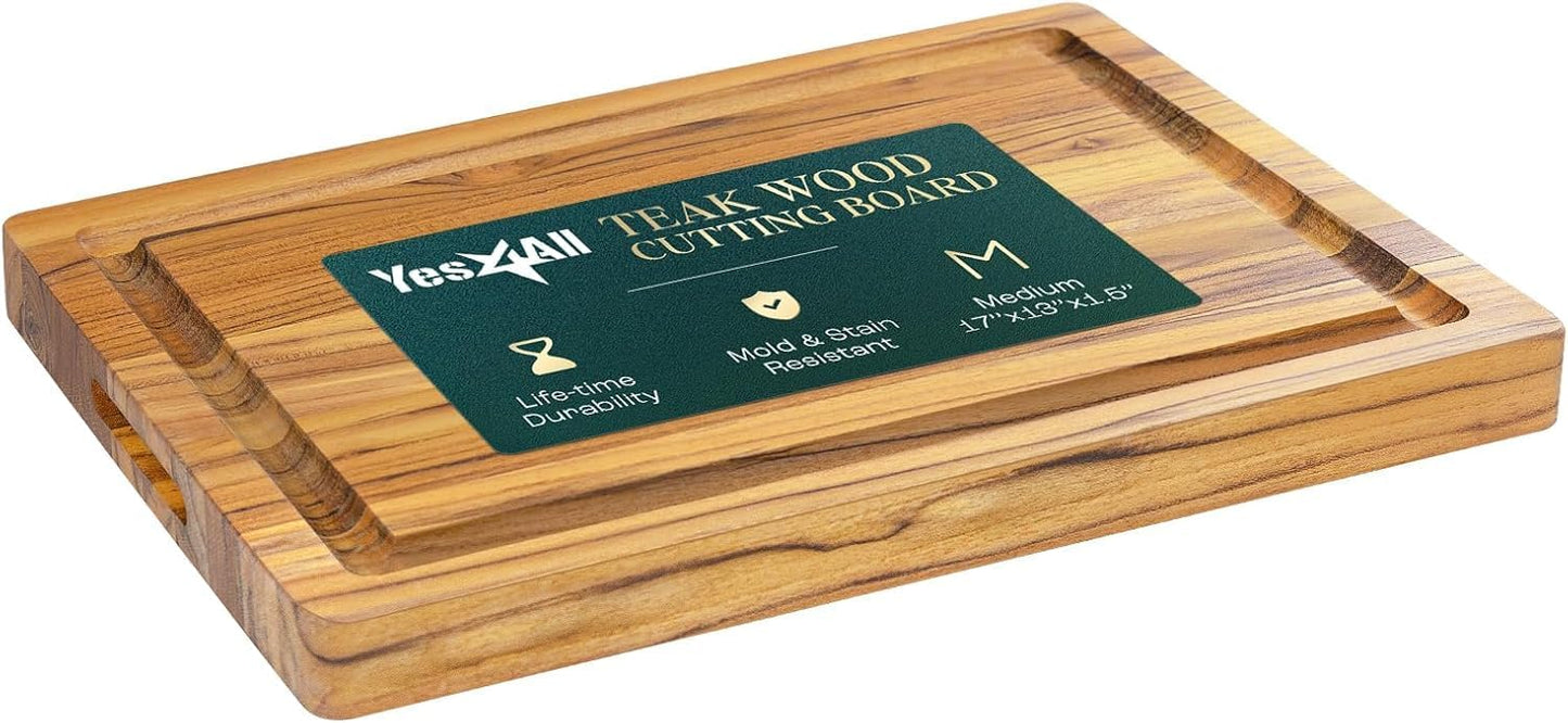 Yes4All Durable Teak Cutting Boards for Kitchen,[16.5''L x 13''W x 1.5”Thick] Medium Edge Grain Cutting Board, Pre Oiled Wood Cutting Boards, Thick Chopping Board w/Juice Grooves and Easy Grip Handle