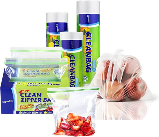 CLEANWRAP Food Storage Roll Bags (9.84 * 13.78-600 PCS) + Zipper Bag (Mix 225 Bags) | Food Plastic Bags, Mini Plastic Bags, Plastic Bread Bags, Roll Plastic Bags, Plastic Produce Bag