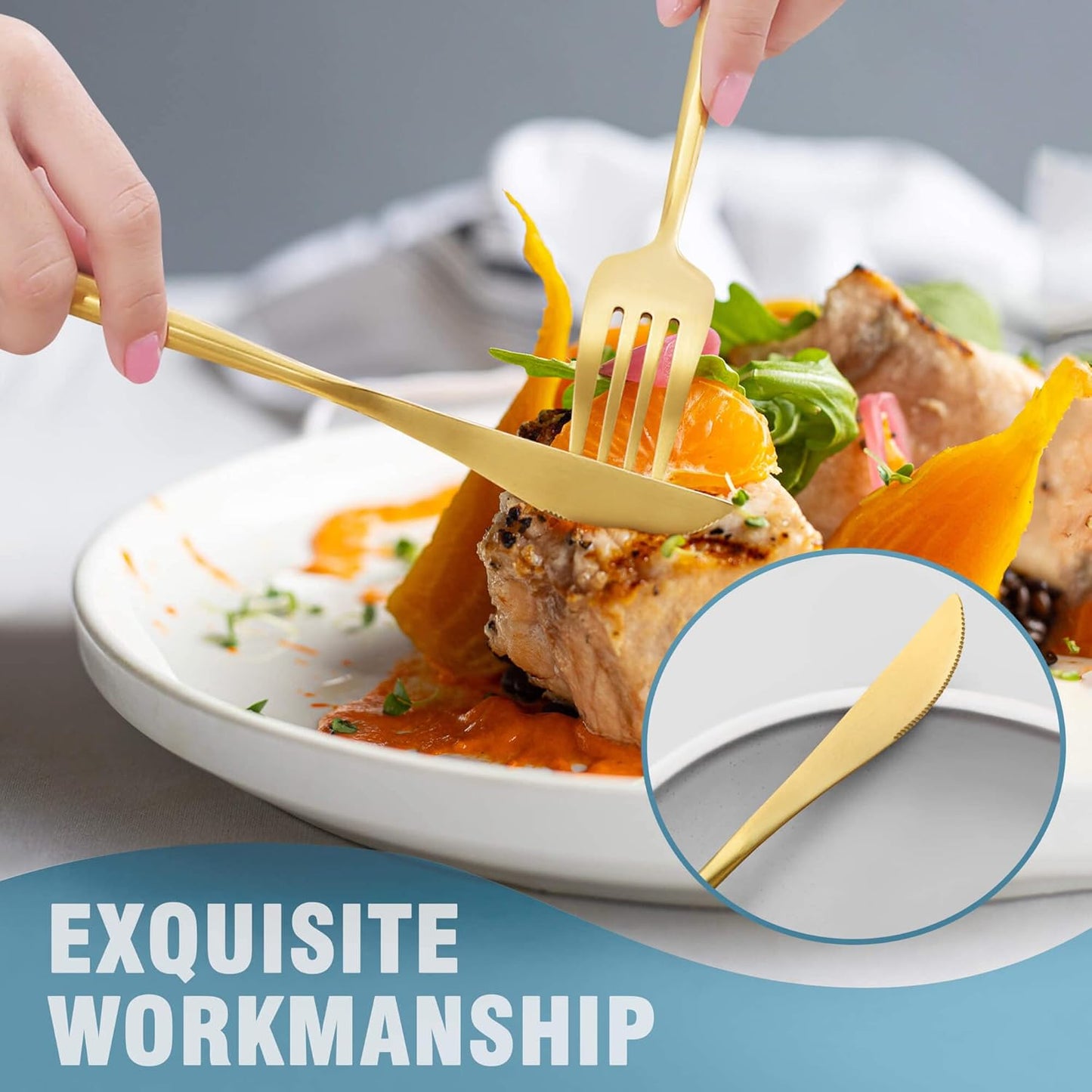 Lemeya Matte Gold Silverware Set for 4,Modern Stainless Steel Brushed Cutlery Set,20-Pieces Heavy Duty Flatware Set,Knives Spoons and Forks Set Utensils Set, Satin Finish, Dishwasher Safe