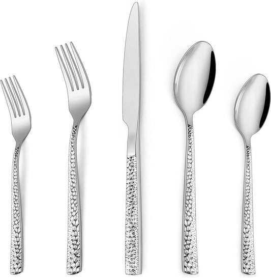 Hammered Silverware Set, 40 Pieces Stainless Steel Square Flatware Set for 8, Mirror Polished Tableware Cutlery Set for Home Kitchen Restaurant, Kitchen Utensils Set, Modern Design, Dishwasher Safe