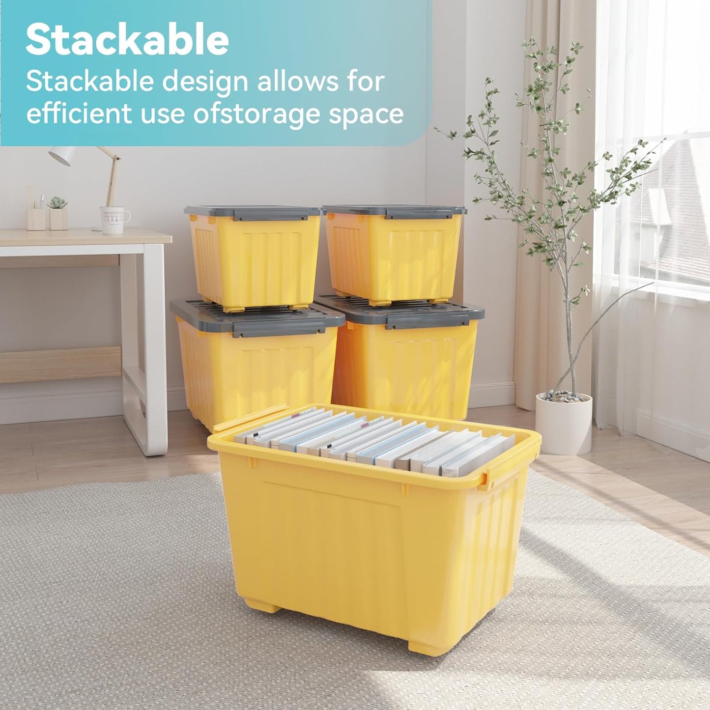 Nazhura Plastic Storage Bin, Stackable and Nestable Storage Boxes with White Lids and Secure Latching Buckles, Large Storage Container (Yellow/Purple, 72Quart-4Pack)