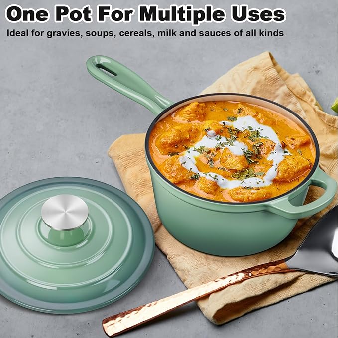 Enameled Cast Iron Sauce Pan with Lid, Leonyo 1 Quart Saucepan with Lid, Enamel Cast Iron Dutch Oven Kitchen Cookware for All Cooktops Cooking Soup, Milk - Up to 500°F & 4.4Lbs, Pistachio Green