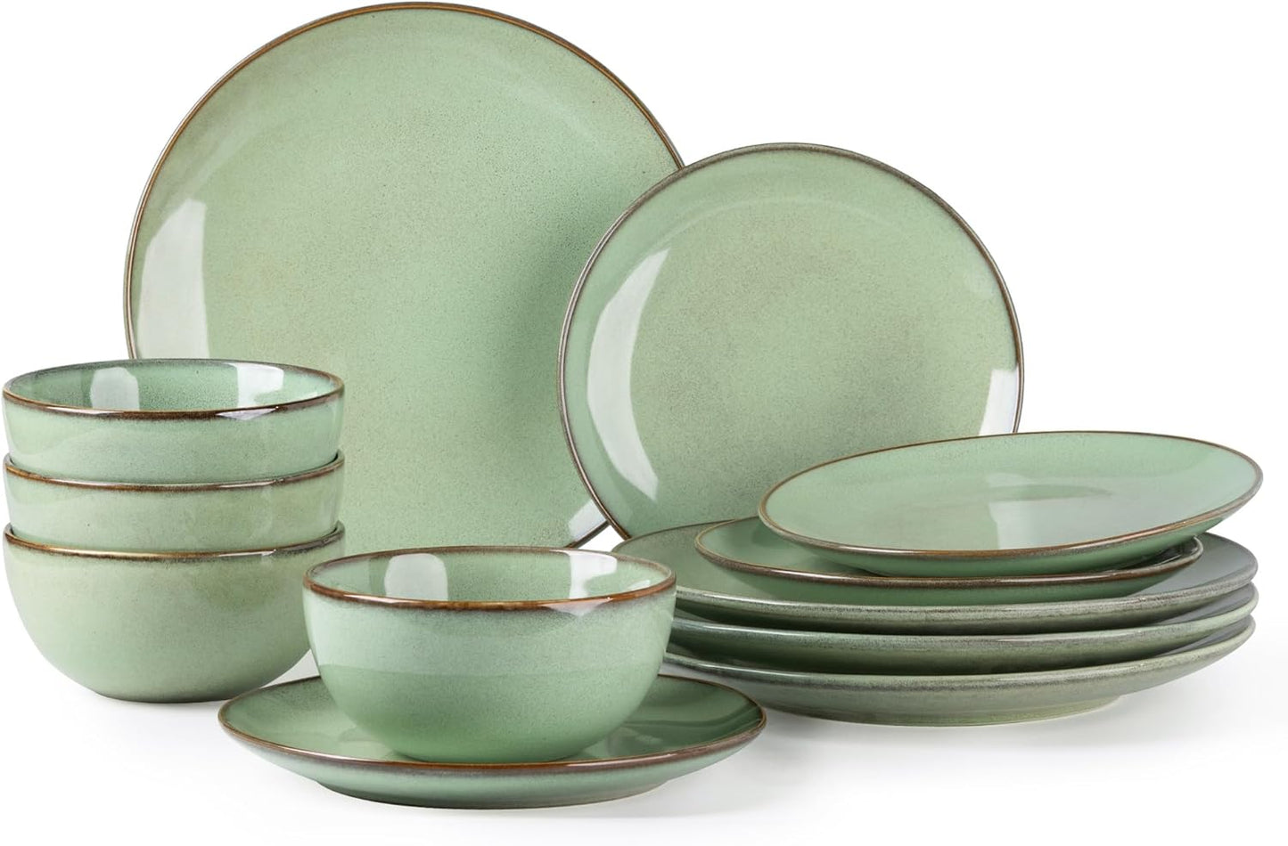 GBHOME Ceramic Dinnerware Sets for 4, 12 Pieces Stoneware Plates and Bowls Sets, Reactive Glaze Dishes -Scratch Resistant, Dishwasher&Microwave Safe-Pastel Green
