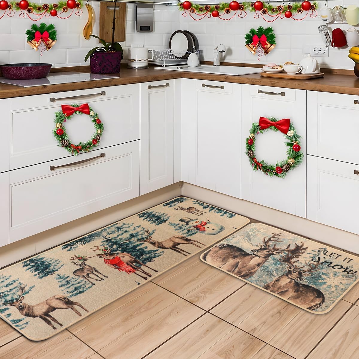 Larponder Christmas Snow Elk Snowflake Kitchen Mats Set of 2, Non-Slip Absorbent Rug and Door Mats, Home Decor Kitchen Floor Rugs for Winter - 17x24 and 17x48 Inch