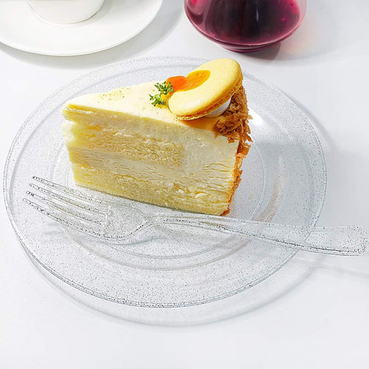 I00000 144Pcs Silver Glitter Dessert Plates Set, Includes 72Pcs Plastic Dessert Plates 7.5",72Pcs Silver Forks 7.4", Plastic Salad Plates for Thanksgiving