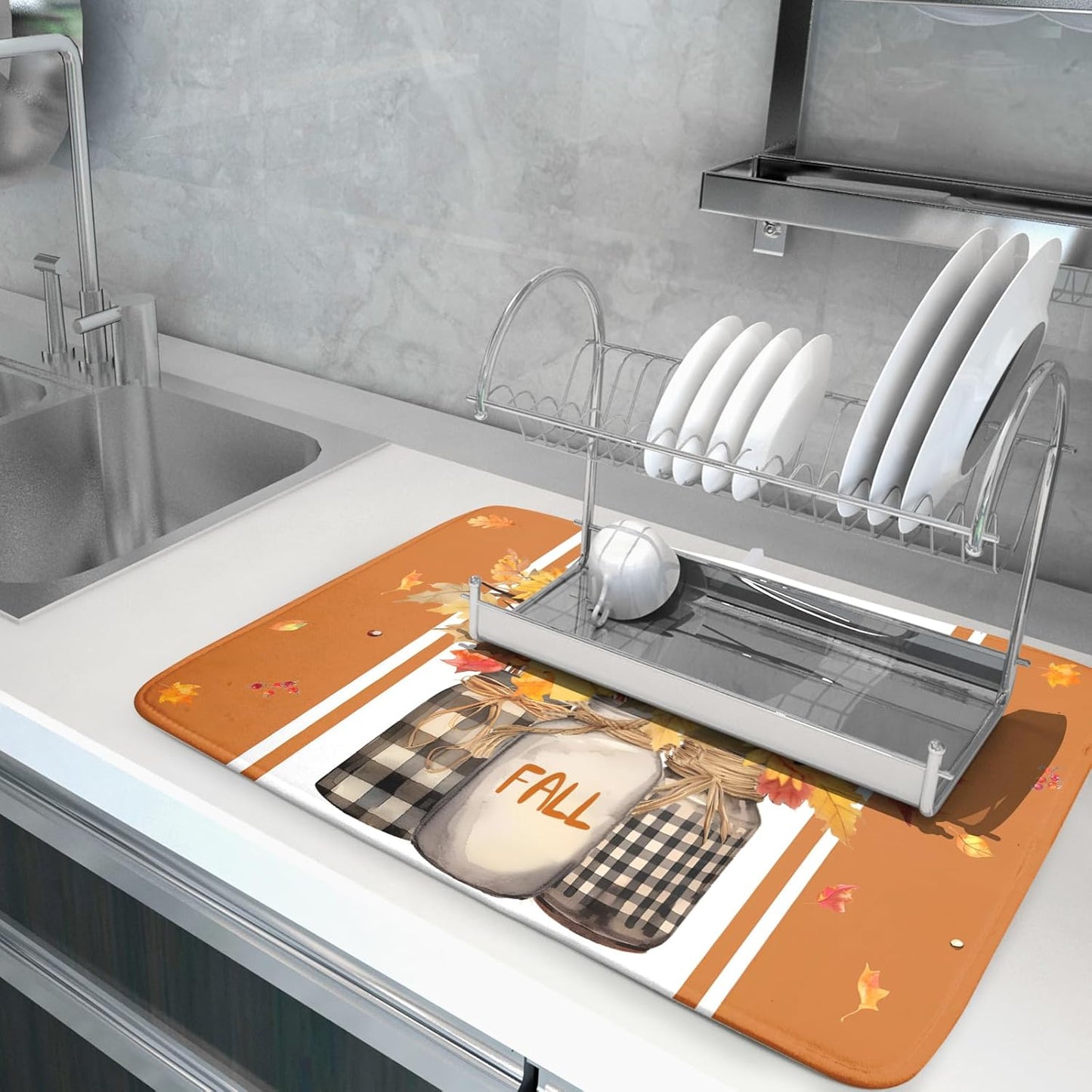 Fall Sunflower Dish Drying Mat 18x24 inch Autumn Leaves Pumpkin Vase Buffalo Plaid Dish Drainer Mat Machine Absorbent Reversible Washable Protector Pad for Kitchen Countertops and Sink