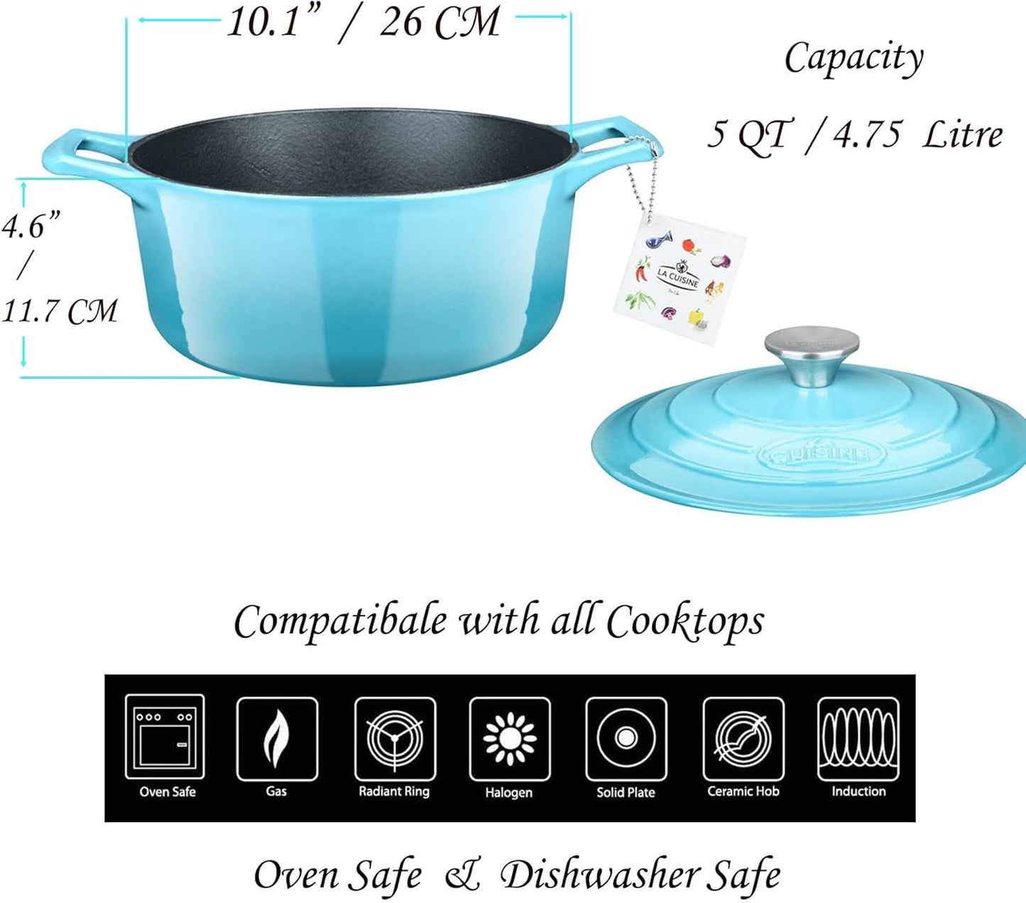 La Cuisine 2175MB Enameled Cast Iron Dutch Oven, Casserole, Pot, 5-Quart (QT) - Matte Black Enamel Interior, Teal Porcelain Enamel Coating Finish Exterior