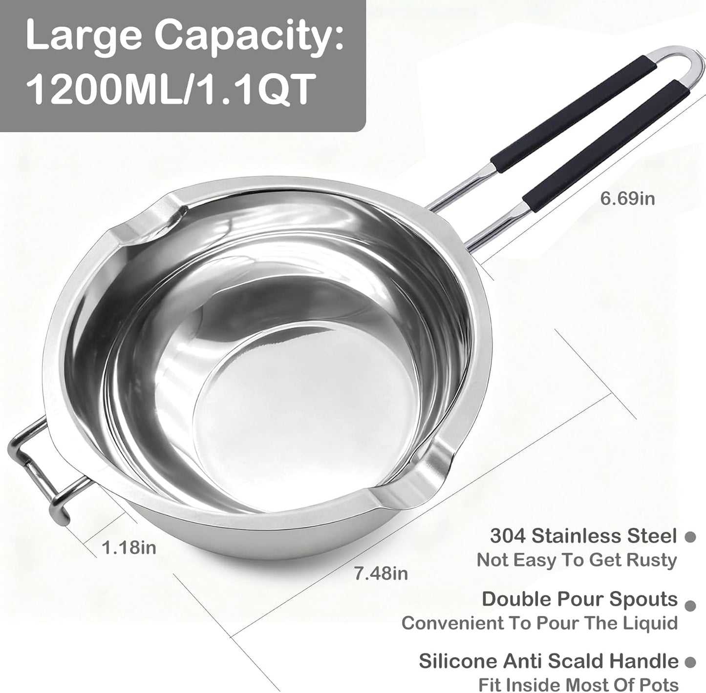1200ML/1.1QT Double Boiler Pot With 2 Pack of Silicone Chocolate Bar Molds, Stainless Steel Chocolate Melting Pot with Non-Stick Chocolate Molds for Dubai Pistachio, Candy, Snacks