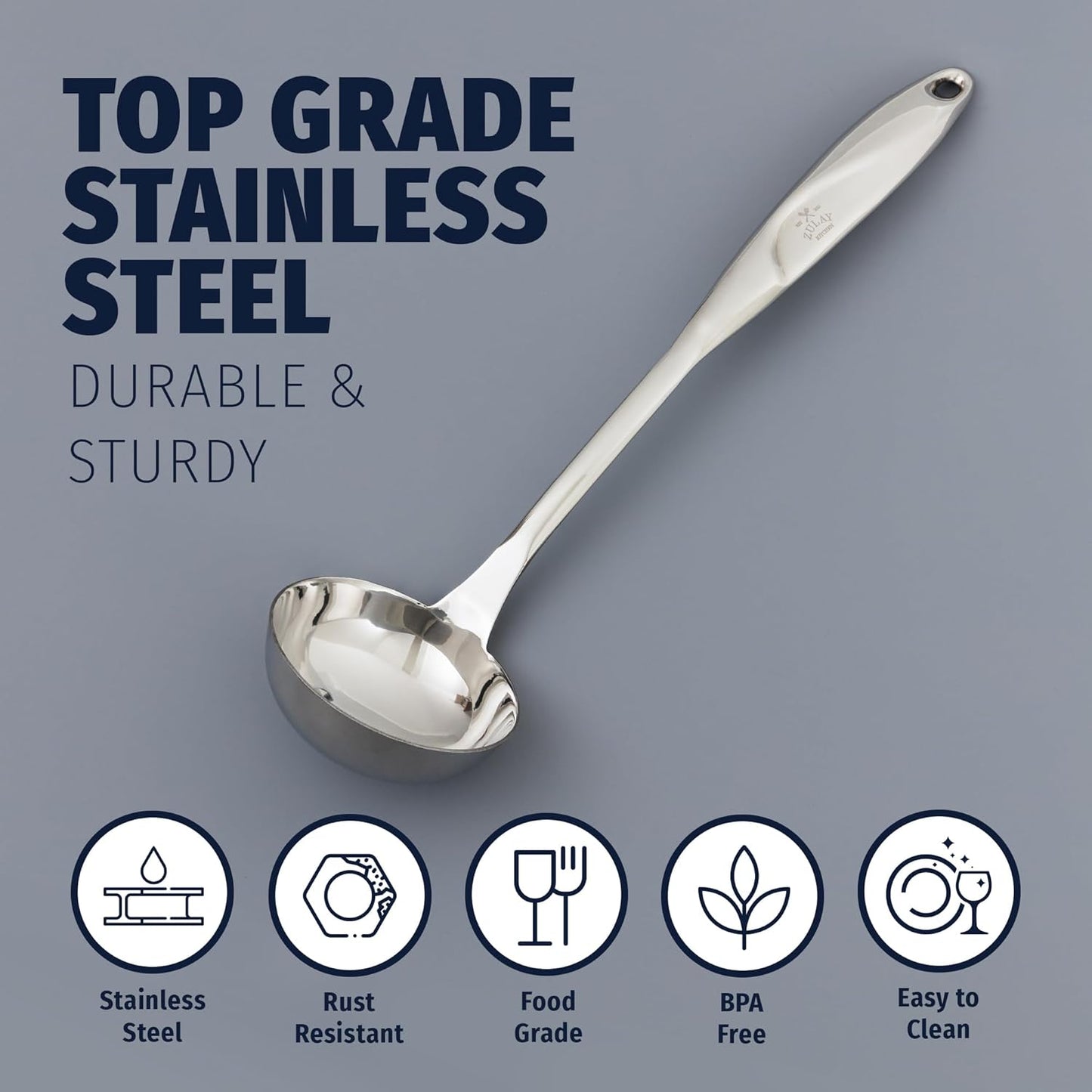 Zulay Kitchen Stainless Steel Soup Ladle - 13” Large Ladle for Soups, Stews & Sauces - Durable, Heat-Resistant, Rust-Proof & Dishwasher Safe Kitchen Utensil with Ergonomic Handle
