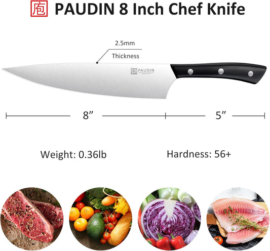 PAUDIN Chef Knife, 8 Inch Kitchen Knife, Ultra Sharp Knife - High Carbon Stainless Steel, Professional Chefs Knife, Ergonomic Handle with Three Rivets, Kitchen Gadgets with Premium Gift Box