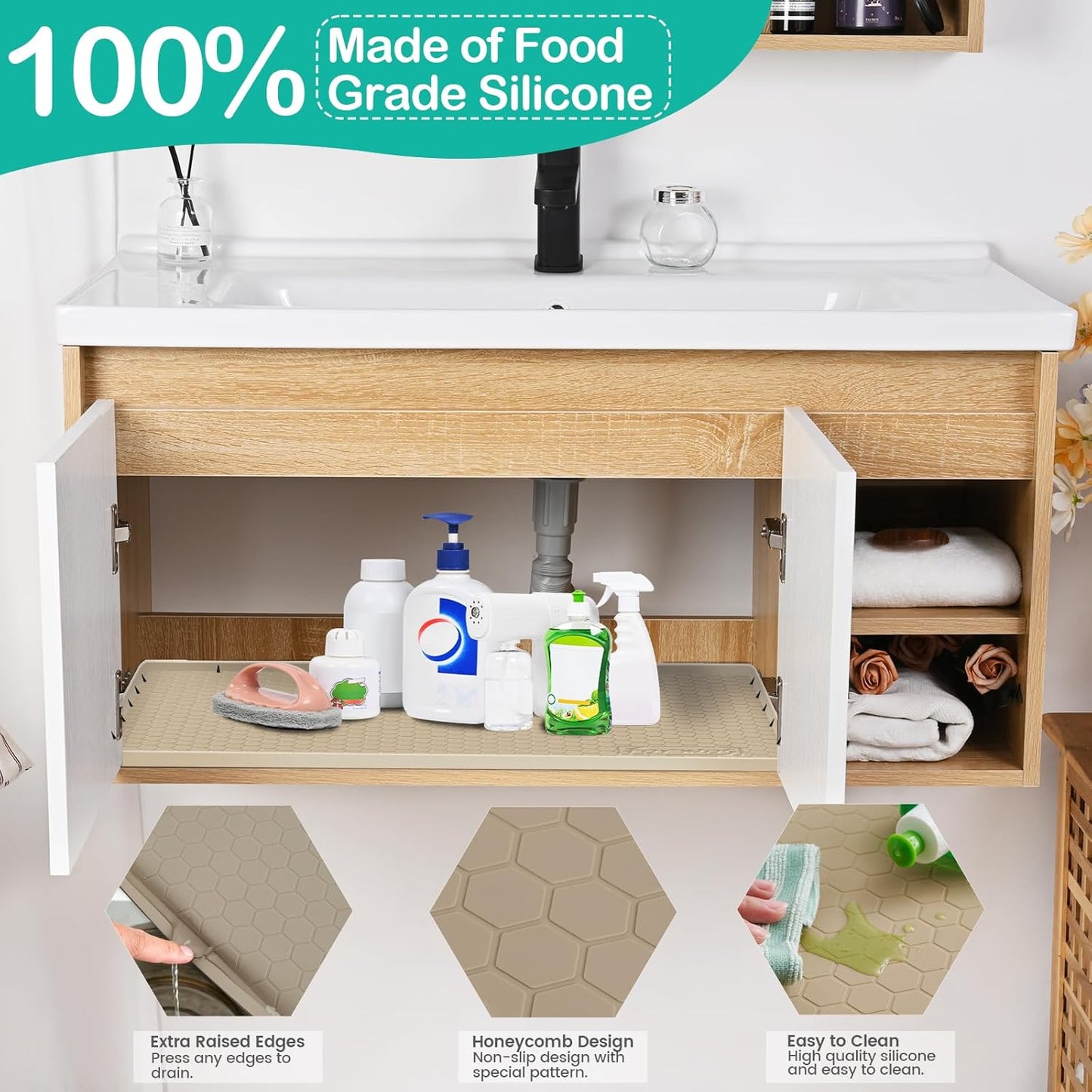 Waterproof Under Sink Mat 34" x 22", Silicone Cabinet Liner, Rubber Protector for Kitchen and Bathroom, Keeps Cabinets Clean, Dry, and Organized (Beige)