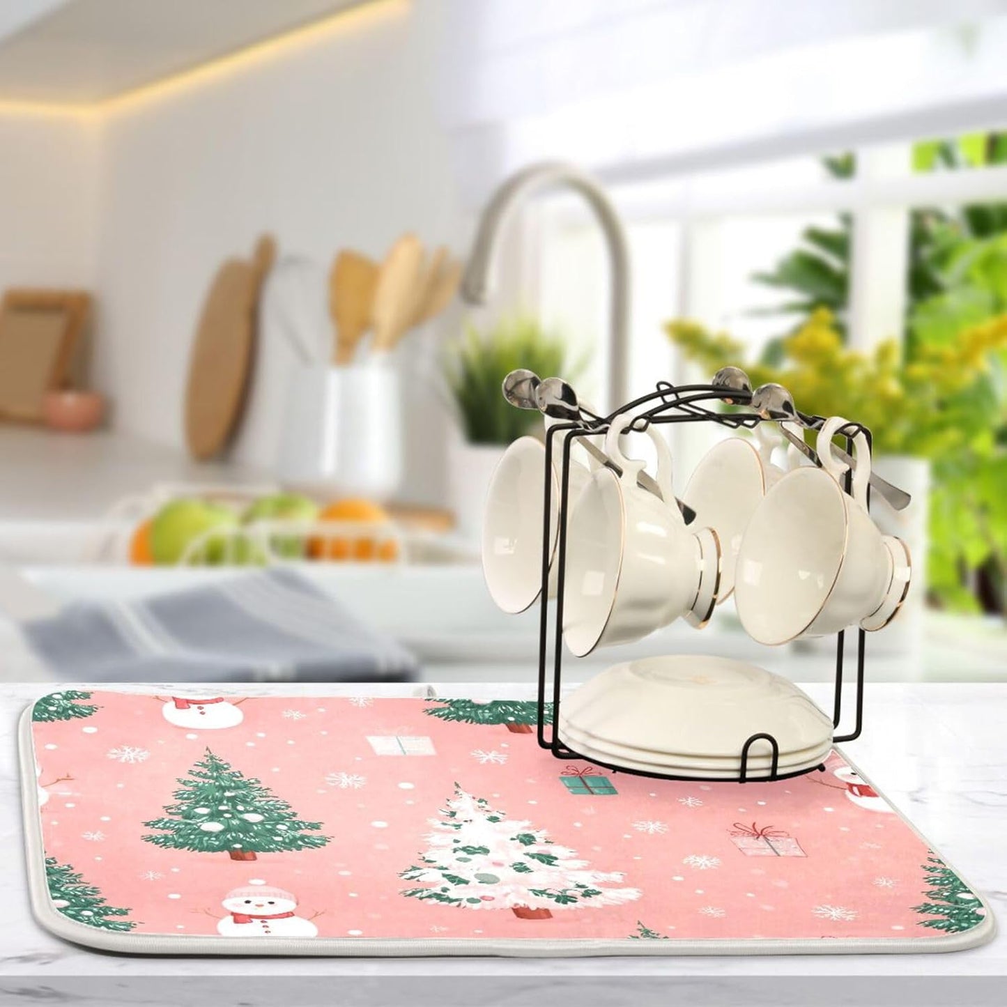 Christmas Tree with Snowman Dish Drying Mat Super Absorbent Drying Mat 16x18 inch Large Dish Drying Mats for Kitchen Counter Dish Drying Pads Kitchen Drying Matt for Countertop