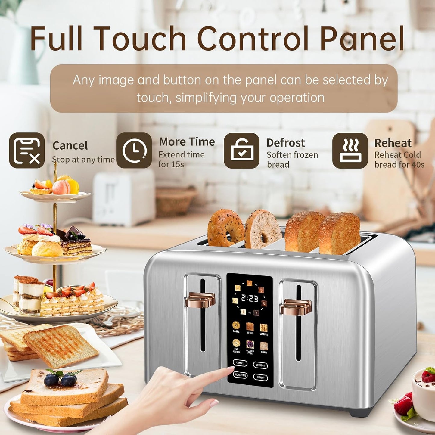 SEEDEEM Toaster 4 Slice, Full Touch control Toaster, LCD Display, 6 Bread Type, 7 Shade Settings, 1.4''Wide Slots，More Time Function, Removable Crumb Tray, 1800W, Silver Metallic