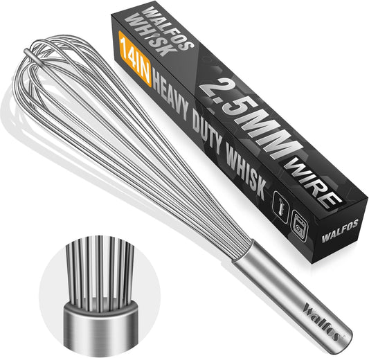 Walfos Whisk,14in Large Whisks, Heavy Duty Stainless Steel Wire Whisk for Blending, Whisking, Beating Suitable for stirring and mixing containers such as deep pots or big bowl at home or store.