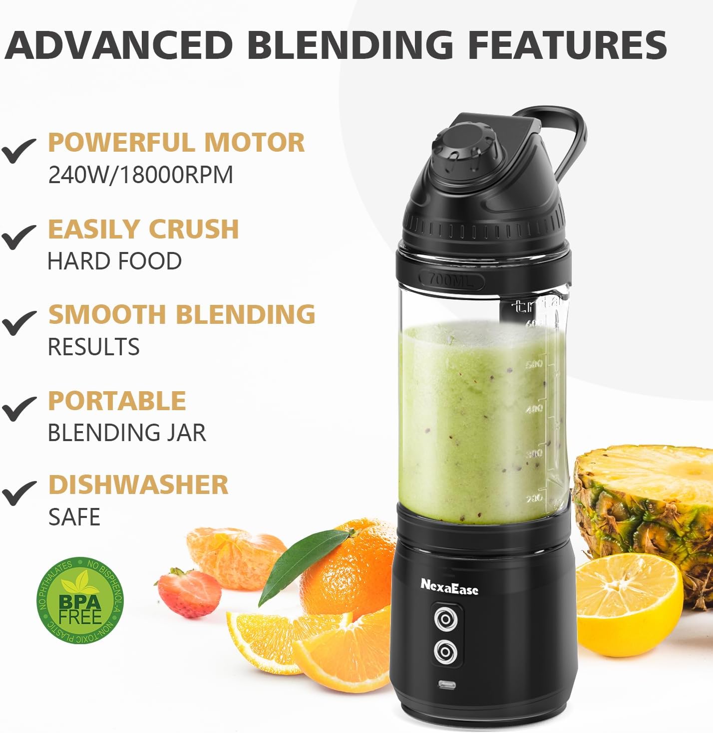 Portable Personal Blender for Smoothies, Protein Shakes, Frozen Drinks - 24Oz Blender Cup Bottle with Sip Spout, Travel Lid, USB-C Rechargeable, Cordless - Mini Small Blenders for Kitchen, Gym, Office