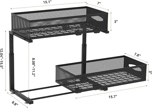 2 Pack Under Sink Organizer,2 Tier Pull Out Sink Shelf,Cabinet Organizer Shelves,Under Sink Shelf,Metal Sliding Drawer Storage for Kitchen Bathroom,Height Adjustable,Black