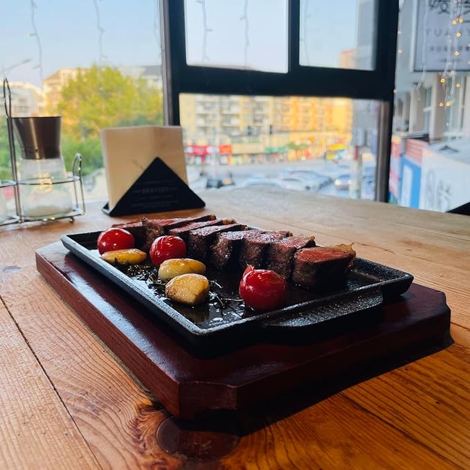 Cast Iron Steak Plate, Grill Pans, Sizzle Griddle with Wooden Base, Steak Pan, Griddle Grill Pan with handles (Plate with Base 6.7" x 4.4")