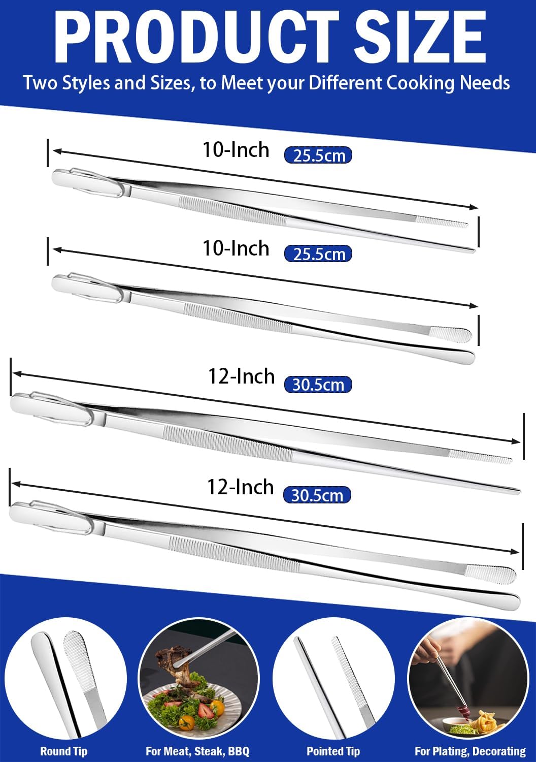 JETKONG 4 Pcs Kitchen Tweezers, 12'' and 10'' Stainless Steel Cooking Tweezers Set, High-Precision Tweezer Tongs for Cooking, Repairing, Seafood and BBQ (Silver)