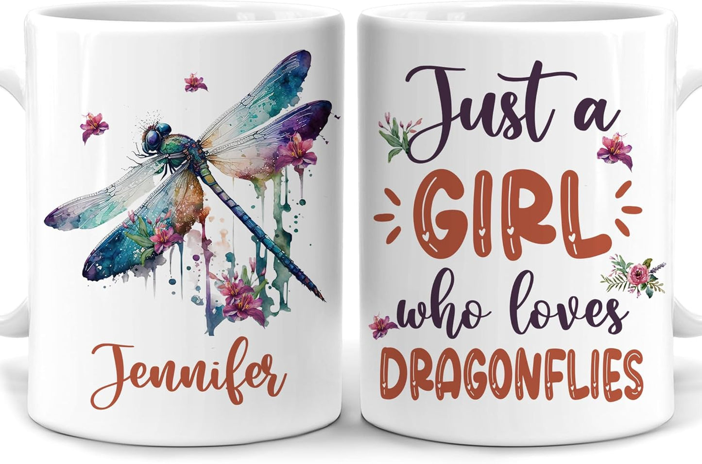Hyturtle Personalized Gifts Dragonfly Lover - Just A Girl Who Loves Dragonflies Custom Name Ceramic Coffee Mug Cup 11oz - Idea Cute Animal Lover Gifts For Women, Girl Daughter On Birthday, Christmas