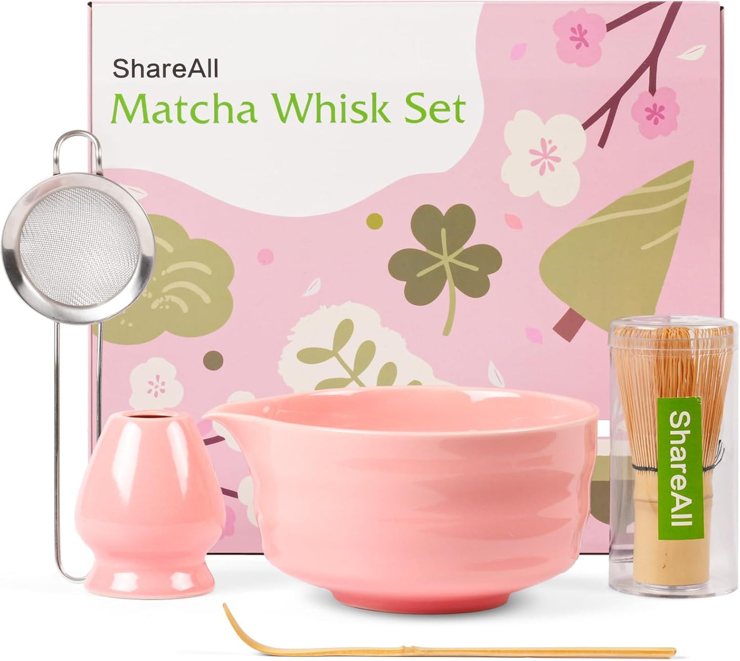 Matcha Set, 5 Pcs Matcha Whisk Set Includes Ceramic Matcha Bowl with Spout, Bamboo Matcha Whisk Chasen, Holder,Scoop,Sifter, Matcha Kit for Making Breakfast & Latte, Gift for beginners(Pink)